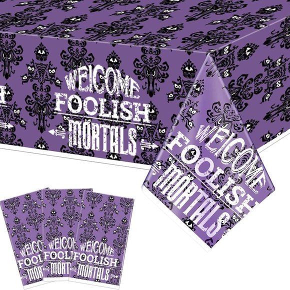 Halloween Plastic Tablecloths New Welcome Foolish Mortals Set of 2 Purple Black - Picture 3 of 3